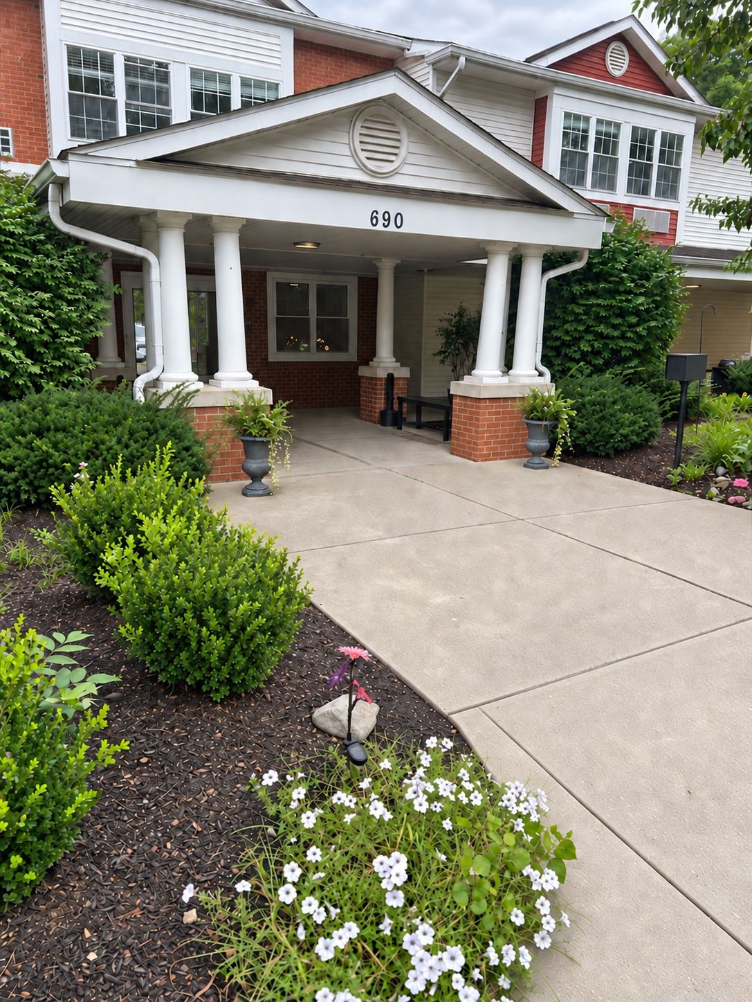The covered main entrance at Oak Grove Recovery, 690 Cooper Road, Westerville, Ohio