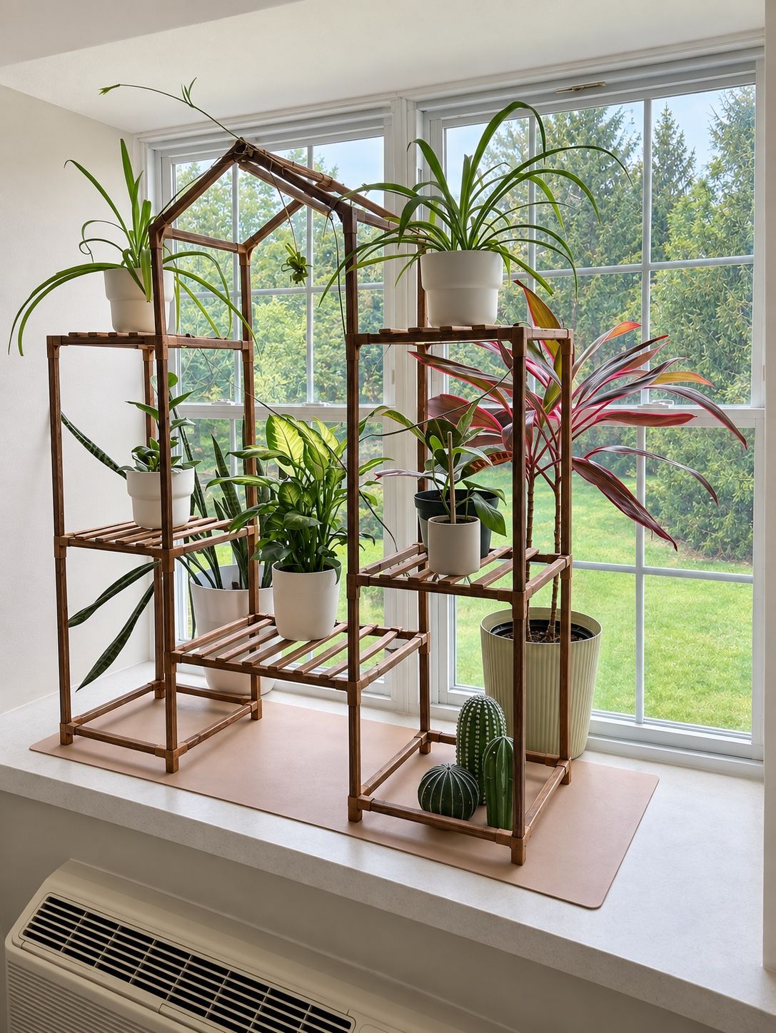 A plant stand on a sunlit windowsill in a common area at Oak Grove Recovery in Westerville, Ohio