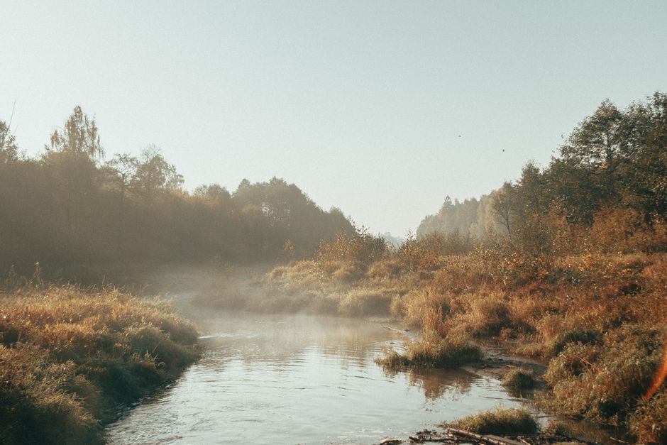 A calm river at dawn with mist rising, near Columbus, Ohio