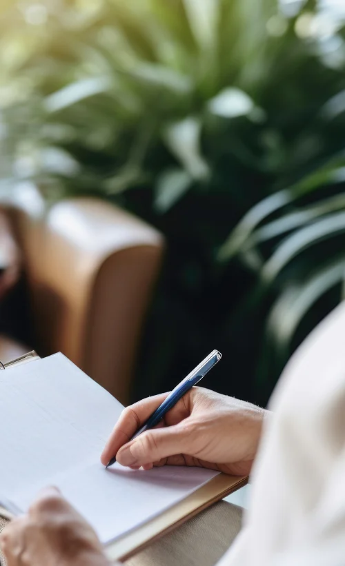 Hands of person writing about addiction treatment