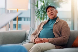 Man sitting on couch speaking to psychiatrist